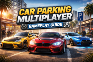Car Parking Multiplayer gameplay showing customized cars parked in an open world city with multiplayer players nearby