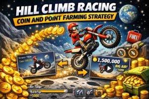 Hill Climb Racing gameplay showing coin and point farming on Moon map