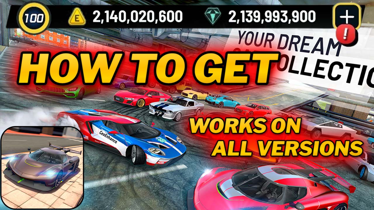 Extreme Car Driving Simulator gameplay showing unlimited money, diamonds, and max level 100 upgrades