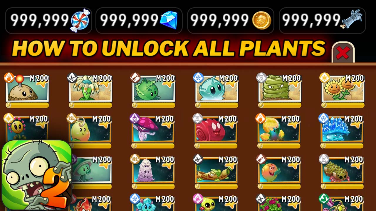 Unlimited Coins, Gems, Gauntlets, Mints, and Unlock All Plants at Level 200 in Plants vs Zombies 2