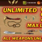 Shadow Fight 2 gameplay showing unlimited coins, gems, energy, and max level 52 with all weapons unlocked.