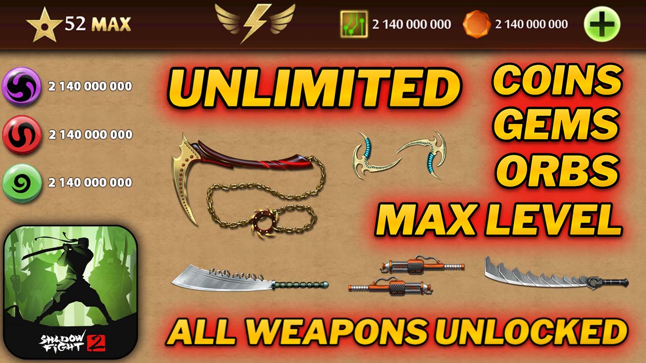 Shadow Fight 2 gameplay showing unlimited coins, gems, energy, and max level 52 with all weapons unlocked.