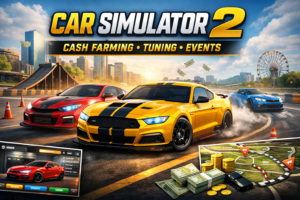Car Simulator 2 gameplay showing tuned sports cars, cash farming routes, and event racing in an open city map