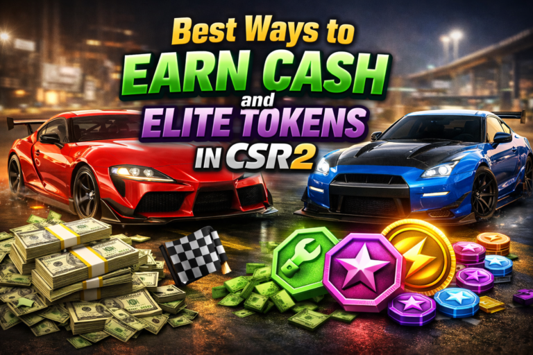 CSR2 gameplay showing cash and elite token farming methods