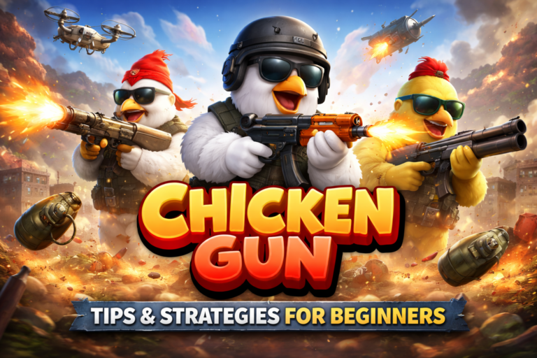 Cartoon chickens in combat gear fighting with guns and explosives in Chicken Gun, representing beginner tips and gameplay strategies