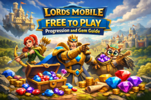 Lords Mobile free to play guide showing progression tips and gem earning strategies