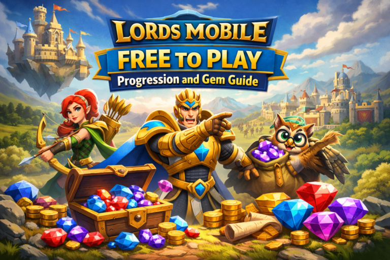 Lords Mobile free to play guide showing progression tips and gem earning strategies