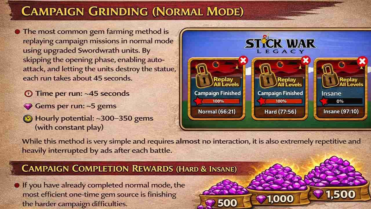 Illustrated guide showing Stick War: Legacy campaign replay screens with gem-earning stats, explaining time per run, gems per run, and hourly gem potential in normal mode.