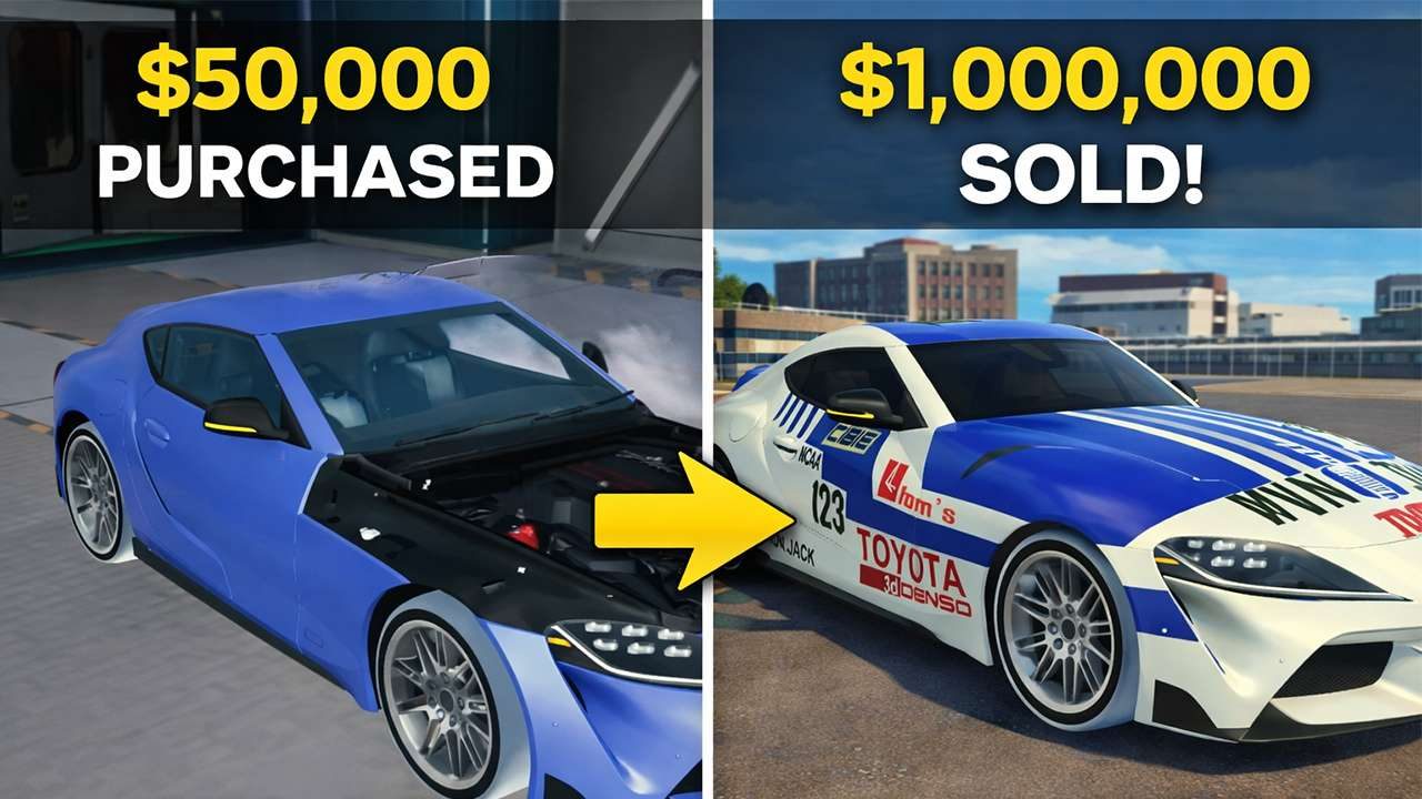 Before-and-after comparison of a customized Supra in Car Parking Multiplayer showing how a $50,000 car was upgraded and sold for $1,000,000.