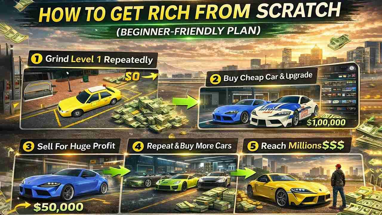 Beginner-friendly Car Parking Multiplayer money guide showing a step-by-step path from grinding Level 1, buying cheap cars, upgrading them, selling for profit, and repeating the process to reach millions.