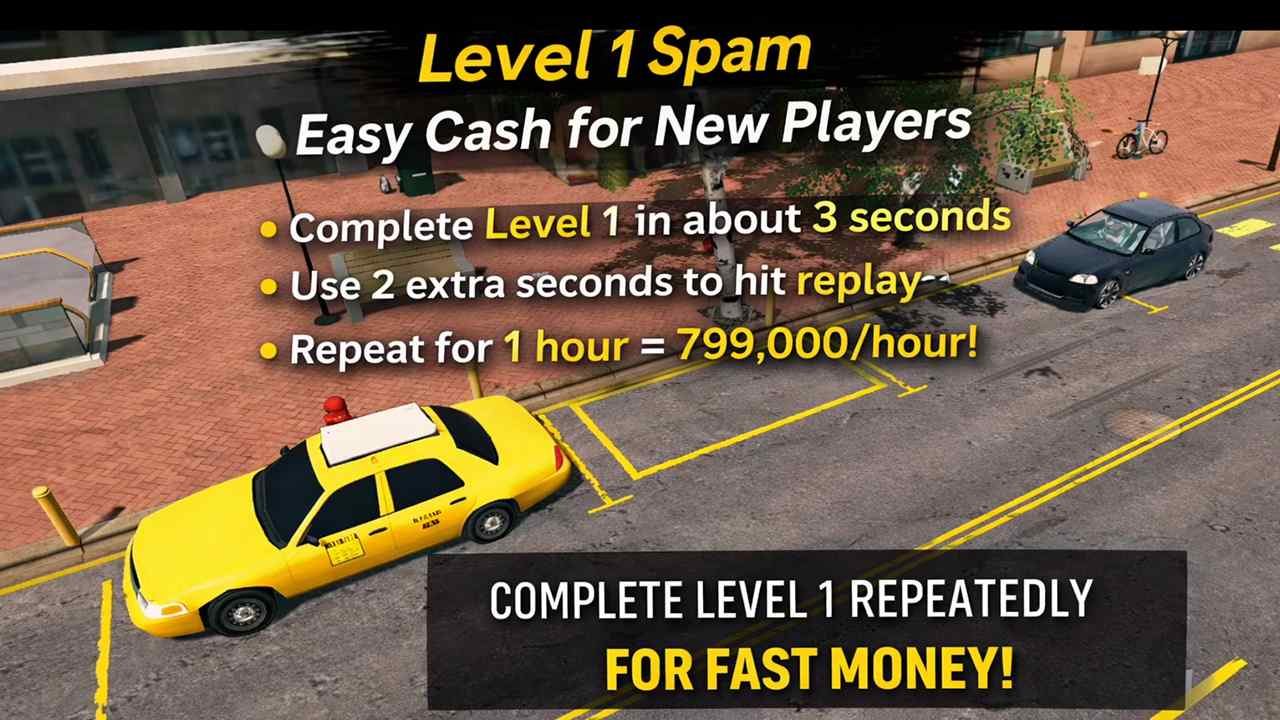 Level 1 parking mission in Car Parking Multiplayer with instructions on completing the level repeatedly to earn up to 799,000 per hour.