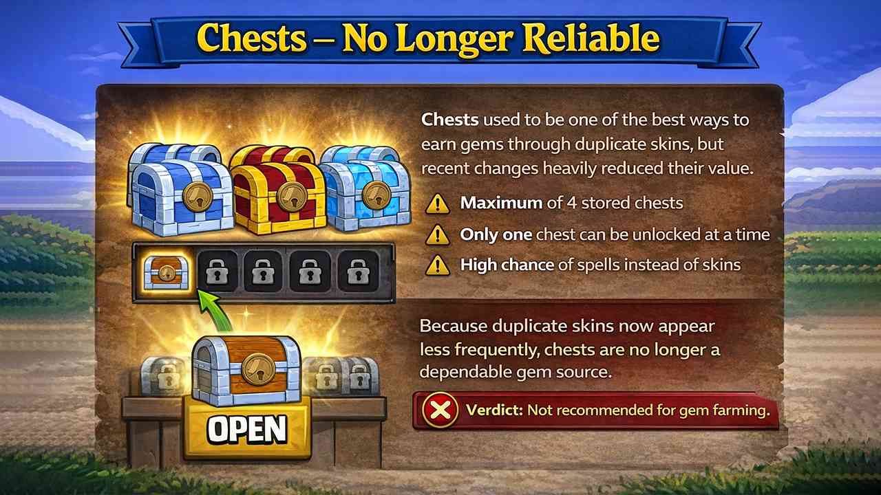 Graphic showing silver, golden, and crystal chests with explanations of storage limits, spell-heavy drops, and reduced gem potential in Stick War: Legacy.
