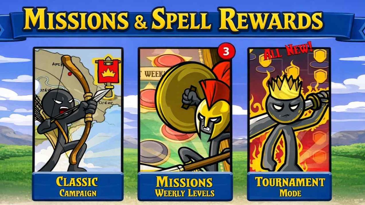 Graphic featuring Classic Campaign, Missions Weekly Levels, and Tournament mode icons with text explaining how missions reward spells but few gems.