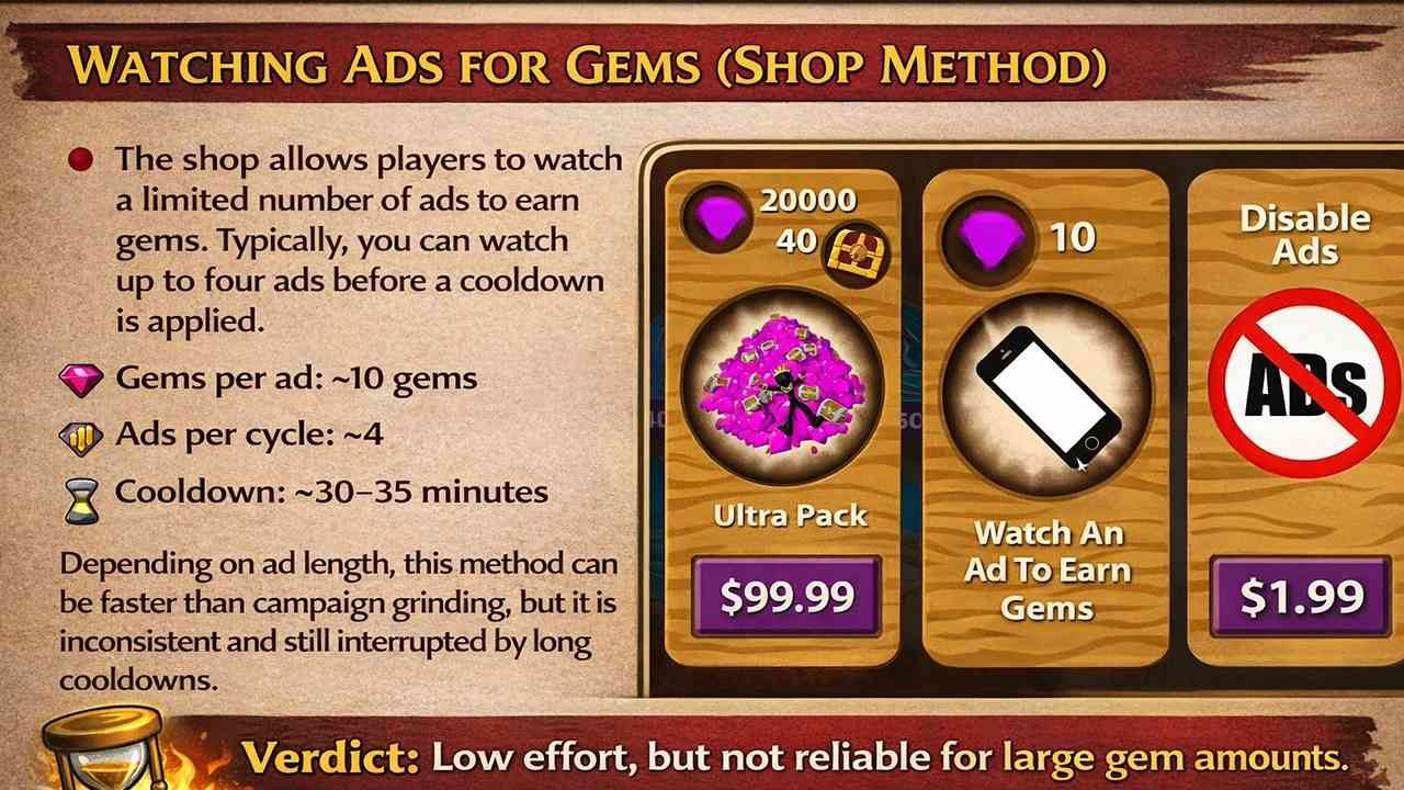 Visual showing Stick War: Legacy shop options, including ad-watching rewards and cooldown details, explaining gem earnings per ad cycle.